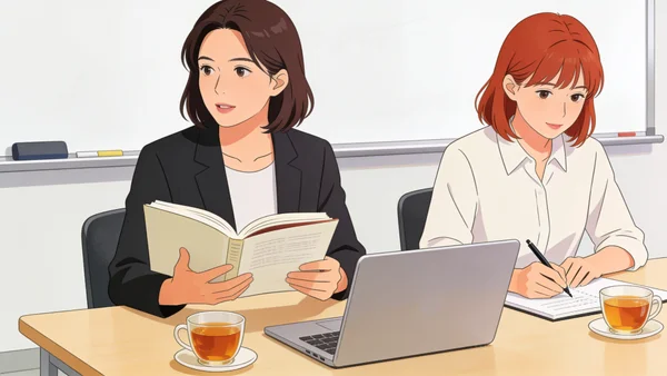 Deux enseignants discutant autour d'une table dans une salle de formation, l'un tenant un livret ouvert, l'autre prenant des notes, ordinateur portable et tasses de thé sur la table, ambiance studieuse et lumineuse
