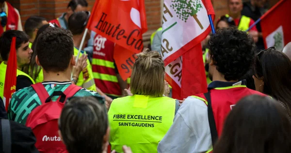 Manifestation de soutien aux salariés de Fibre Excellence, avec des drapeaux syndicaux CGT et de la Haute-Garonne.