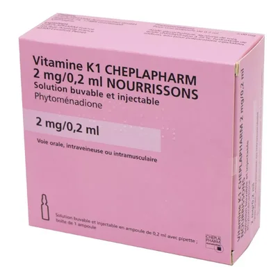 Boîte de Vitamine K1 CHEPLAPHARM, solution buvable et injectable pour nourrissons.