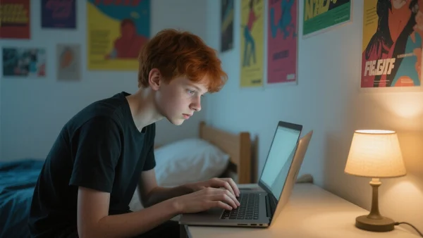 Adolescent assis devant un ordinateur portable, regard fuyant, doigts sur le clavier, chambre d'ado avec posters au mur, lumière tamisée