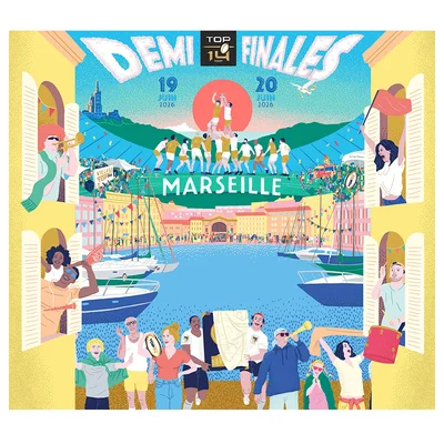 Illustration des demi-finales du Top 14 à Marseille avec joueurs et supporters.