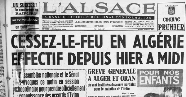 Page de couverture du journal L'Alsace du 20 mars 1962 sur le cessez-le-feu en Algérie.