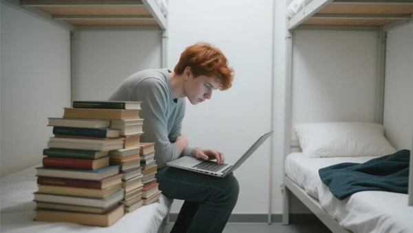 Jeune étudiant assis sur un lit dans une chambre universitaire exiguë, regardant un ordinateur ouvert, avec des livres empilés à côté, pour montrer le contraste entre les aides aux entreprises et les difficultés des étudiants