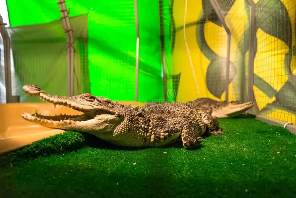 Crocodile en captivité, gueule ouverte, dans un enclos avec gazon artificiel