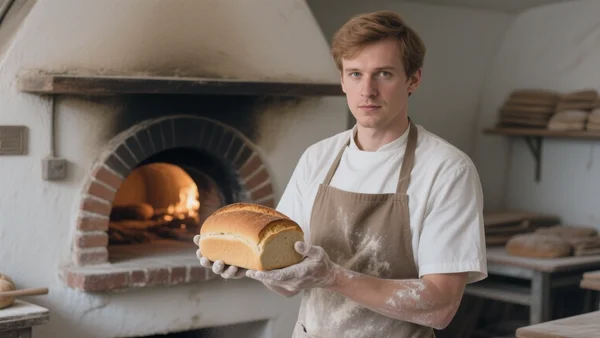 Portrait d'un artisan boulanger en tablier, les mains enfarinées, sortant un pain doré d'un four traditionnel, regard concentré et fier, l'atelier est chaleureux et authentique, l'intention est de montrer le travail manuel et sensoriel qui résiste à l'automatisation.