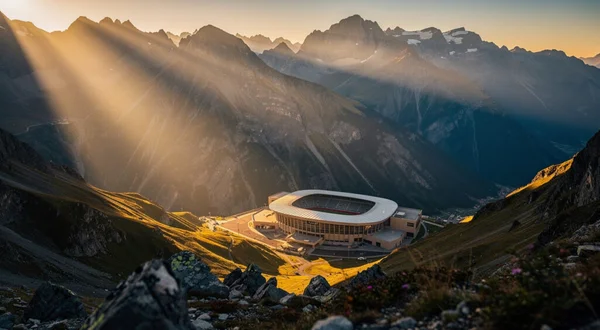 Stade de Briançon, site de dévoilement des emblèmes des JO Alpes 2030, baigné par la lumière du soleil couchant.