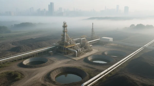 Vue aérienne d'une vaste installation industrielle de captage de gaz, avec des puits et des canalisations métalliques sur un terrain de décharge, au milieu d'un paysage urbain brumeux. L'image doit communiquer une tension entre l'infrastructure technologique et l'environnement, avec un ton sobre et interrogatif.