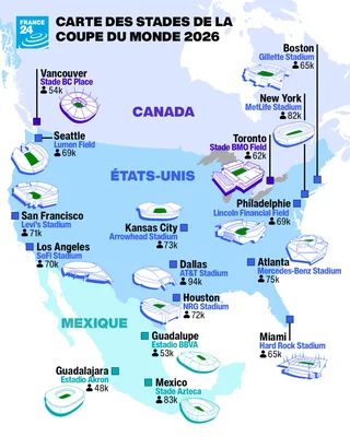 Carte des 16 stades et villes hôtes de la Coupe du Monde 2026 répartis entre le Canada, les États-Unis et le Mexique.