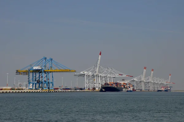 Vue du port du Havre, avec ses grues et un porte-conteneurs à quai.