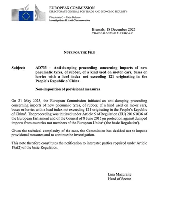 Document de la Commission européenne sur la procédure antidumping concernant les pneus chinois.