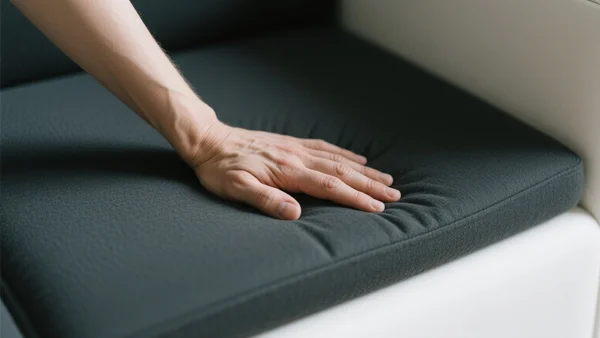 Main appuyant fermement sur un coussin de canapé pour tester la mousse, vue en gros plan sur l'assise, ambiance d'inspection attentive