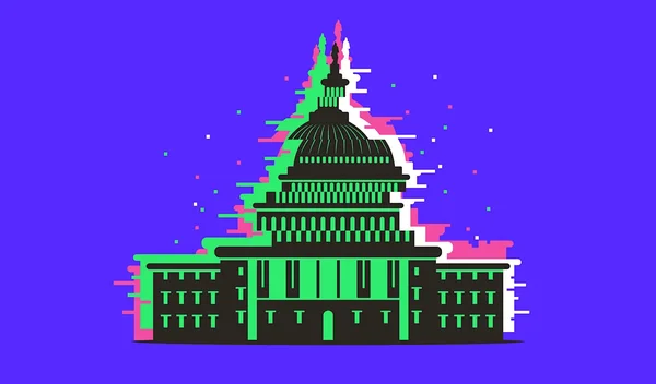 Illustration du Capitole américain avec un effet de glitch, symbolisant l'affrontement entre un PAC de 5 millions de dollars et les Big Tech.