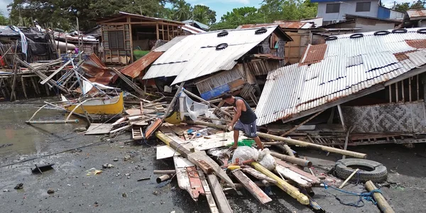 Un habitant au milieu des ruines de cabanes côtières détruites par le séisme et l'alerte au tsunami.
