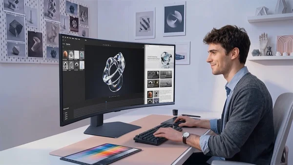 Un utilisateur travaillant sur un grand moniteur incurvé Samsung, illustrant un usage professionnel.