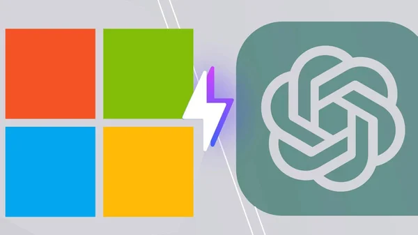 Illustration des logos Microsoft et ChatGPT séparés par un éclair.