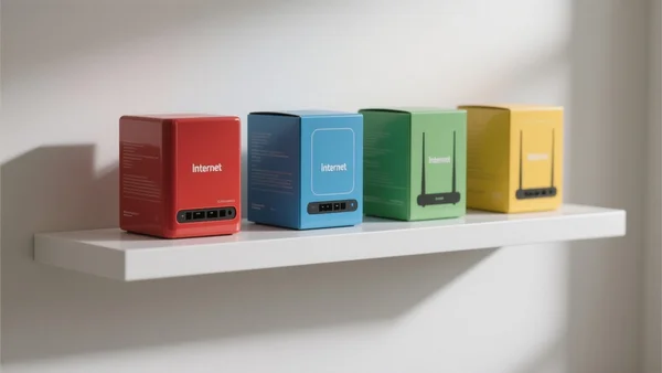 Quatre boîtiers de box internet colorés alignés sur une étagère blanche, chacun avec un design différent, ambiance lumineuse et épurée