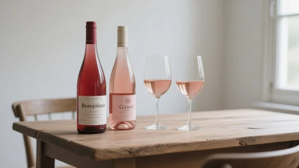 Bouteilles de vin rouge léger et rosé sur une table en bois, verres à vin à côté, étiquettes de Beaujolais et Gamay visibles, lumière naturelle douce