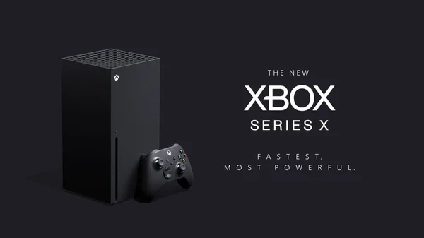 Image promotionnelle de la Xbox Series X avec les mentions 'THE NEW XBOX SERIES X' et 'FASTEST. MOST POWERFUL.'