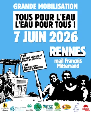 Affiche de la mobilisation nationale pour l'eau à Rennes, organisée le 7 juin 2026 par France Nature Environnement et ses partenaires.