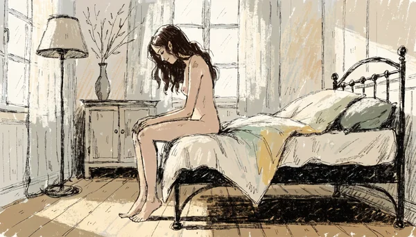 Femme assise au bord d'un lit, tête baissée, mains sur les genoux, expression pensive, chambre calme éclairée par une lumière naturelle tamisée
