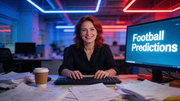 Femme d'âge mûr souriant derrière un bureau en désordre, avec un écran d'ordinateur affichant des pronostics de football, lumière de néon de bureau, ambiance open space
