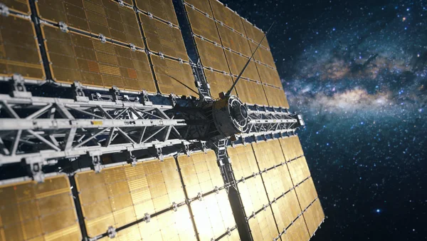 Gros plan sur le satellite Planck de l'ESA dans l'espace, ses miroirs dorés captant la lumière du fond diffus cosmologique, fond étoilé profond
