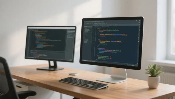 Un écran d'ordinateur affichant des lignes de code Python colorées, avec un éditeur ouvert et une fenêtre de terminal en arrière-plan, dans un espace de travail moderne et lumineux