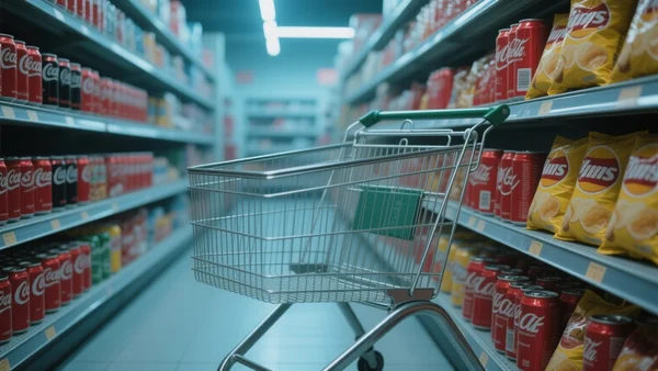 Rayon de supermarché avec canettes de soda et paquets de chips, caddie en premier plan, éclairage néon froid