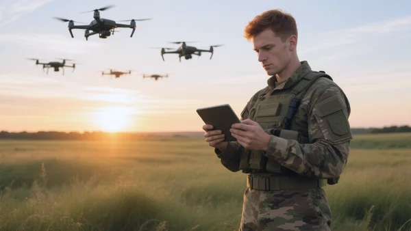 Soldat en treillis numérique manipulant une tablette sur le terrain, drones en vol dans le ciel, lumière dorée du couchant