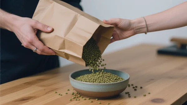 Gros plan sur deux mains versant des lentilles sèches d'un grand sac en papier dans un bol, sur un plan de travail en bois, illustrant la mutualisation des achats en vrac en colocation