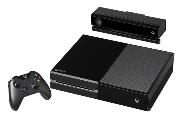 La console Xbox One, sa manette et le capteur Kinect, présentés en photo studio.