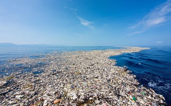 Plaque dense de déchets plastiques flottant à la surface de l'océan, illustrant la pollution marine.