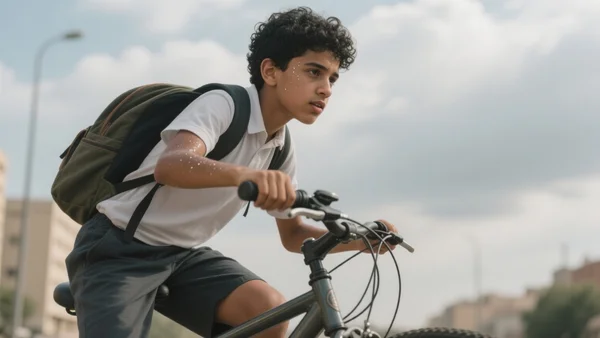 Jeune cycliste en plein effort sur un vélo de ville, sweat sur le front, en route pour le lycée sous un ciel nuageux