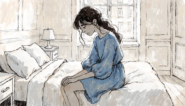 Femme assise au bord d'un lit, les mains croisées sur les genoux, regard doux mais préoccupé, chambre calme et lumineuse, plan moyen de 3/4, intention éditoriale : montrer la détresse silencieuse et l'isolement ressenti par les femmes souffrant de vaginisme, ton intime et vulnérable