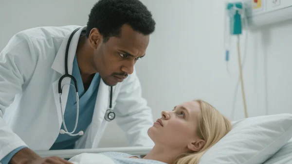 Plan rapproché d'un médecin en blouse blanche penché sur un patient allongé sur un brancard dans un service d'urgences, stéthoscope autour du cou, expression concentrée et déterminée