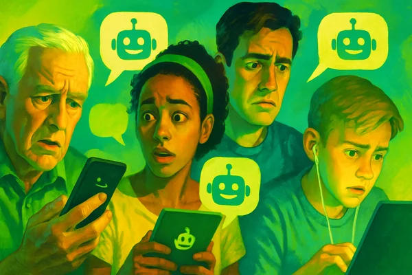 Illustration représentant des célibataires préoccupés par l'intelligence artificielle dans les rencontres, avec des icônes de robot.
