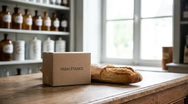 Une boîte de paracétamol à côté d'une baguette de pain, illustrant la comparaison de prix.