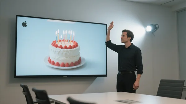 Senior Designer chez Apple montrant une image générée d'un gâteau d'anniversaire avec bougies sur une scène de conférence, projecteur lumineux en arrière-plan