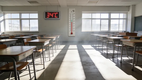 Salle de classe vide avec des bureaux d'élèves, un thermomètre mural affichant 34°C, lumière crue de l'après-midi traversant les fenêtres sans stores, atmosphère étouffante