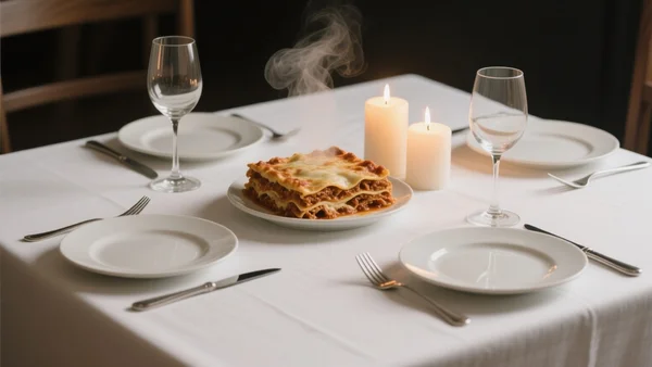 Table de salle à manger avec une nappe blanche, assiettes, verres à vin, couverts bien alignés, bougies allumées et un grand plat de lasagnes au centre, lumière tamisée et ambiance chaleureuse