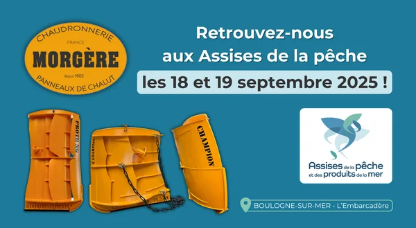 Affiche promotionnelle des Assises de la pêche 2025, présentant des panneaux de chalut jaunes.