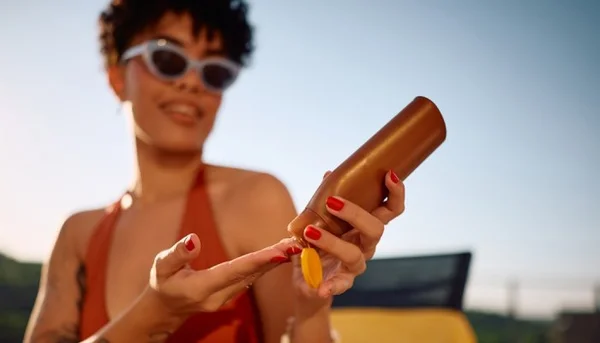 Une femme applique une crème solaire contenant du bémotrizinol, nouvel ingrédient approuvé par la FDA.