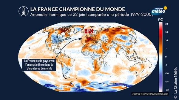 Carte des anomalies de température mondiale du 22 juin, montrant la France avec un écart de +11°C par rapport aux normales 1979-2000.