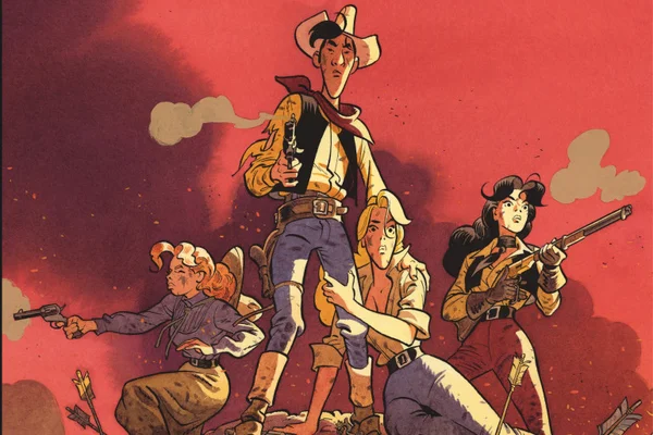 Scène d'affrontement dans l'album 'Wanted Lucky Luke' : quatre cow-boys armés dans une ambiance de duel.