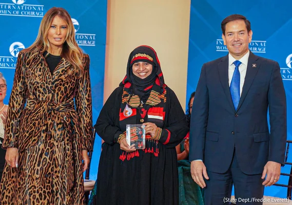 Secretary of State Marco Rubio and first lady Melania Trump honor Hajj at the 2025 International Women of Courage Award ceremony at the State Department on April 1. (State Dept./Freddie Everett)