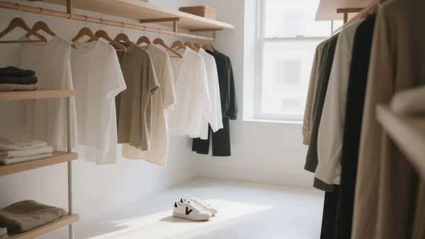Plan large d'un dressing minimaliste et lumineux avec des vêtements bien rangés sur des cintres en bois, une paire de baskets Veja blanches au sol, l'ambiance est calme, organisée et moderne, l'intention est de représenter la mode éthique accessible et durable.