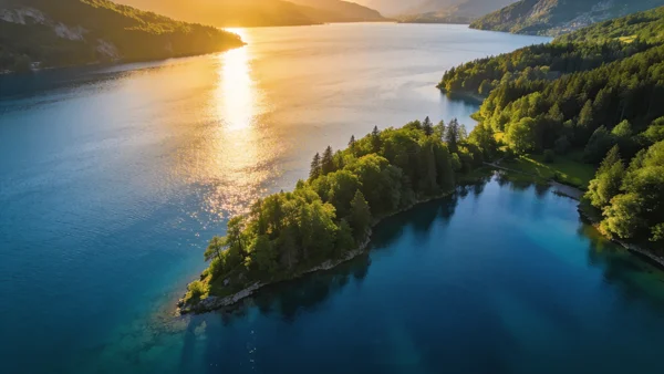 Vue aérienne du lac de Paladru, eau bleu profond entourée de forêts verdoyantes, soleil couchant doré sur la surface