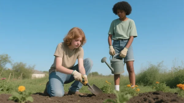 Deux adolescents en gants de jardinage plantant des fleurs dans un parterre communal, l'un tient une pelle, l'autre arrose, ciel bleu