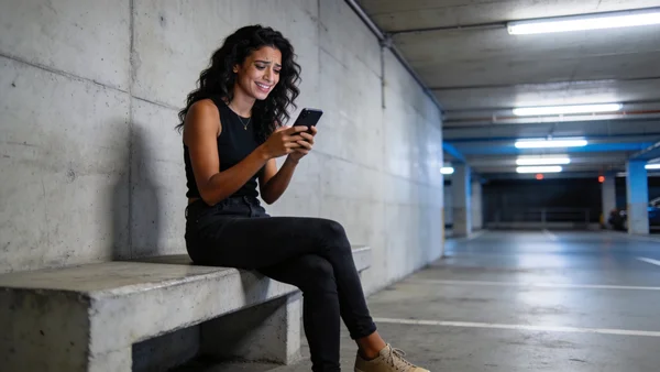 Jeune femme assise sur un banc dans un parking souterrain faiblement éclairé, tenant un téléphone, air soulagé, murs en béton brut, lumière fluorescente froide