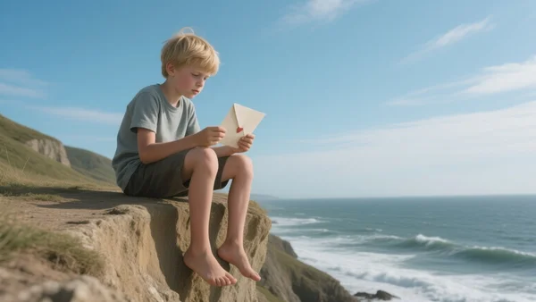 Un garçon de 10 ans assis sur une falaise en bord de mer, les jambes dans le vide, tenant une lettre pliée dans ses mains, regardant l'horizon, composition en contre-plongée, ambiance nostalgique et mélancolique